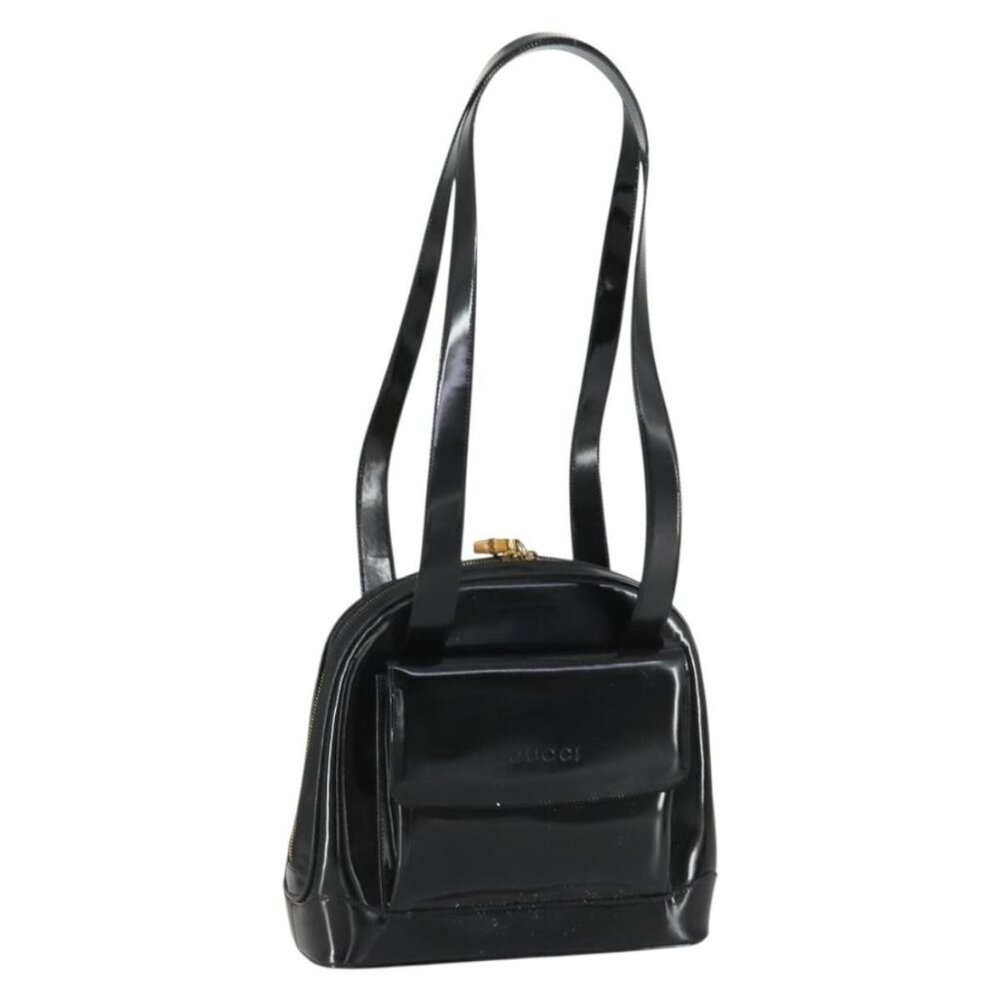 Authentic GUCCI Shoulder Bag Enamel Black Gold 001 1075 1650 0